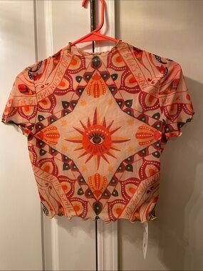 Shein X size M sheer crop top sunburst/celestial eye astrology/bohemian/artist/